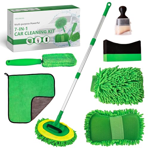 7-in-1 Car Detailing Kit - Powerful Multi-Purpose Complete Auto Cleaning Set with Telescopic Mop, Microfiber Mitt, Towel, Wheel & Interior Brushes