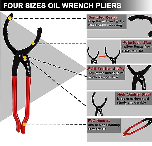 6Pcs Oil Filter Pliers Set, Universal Oil Filter Wrench with Oil Funnel, 10" & 12" & 14" & 16" Premium Oil Filter Removal Tool From 1-1/4" to 8-1/2" - size: 6 PACK