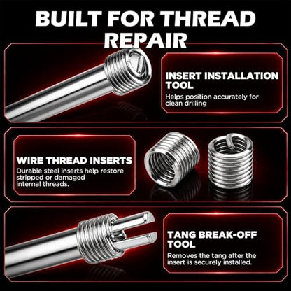 175PC Metric Thread Repair Kit, Thread Restorer Tool Set with HSS Drill Bits, Taps, Thread Inserts, Installation and Break-Off Tools for Stripped Threads, Automotive Repair, Metalworking, Garage Use - size: 175-Pc Metric Pro Kit