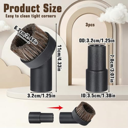 Horse Hair Brush Vacuum Attachment Set 3PCS, Round Dusting Brush for 1.25 Inch Hose, Soft Bristle Vacuum Attachments for Carpet Upholstery Cleaning, Canister Stick Vacuums Accessories