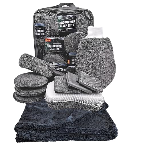 Car Detailing Kit 10PCS, 36"x24" Twist Loop Microfiber Towel | Absorbs 1+ Gallon, Tire Brush, Wax Pads, Wash Mitt Sponge, Interior & Glass Towels - color: Darkgray, size: X Large