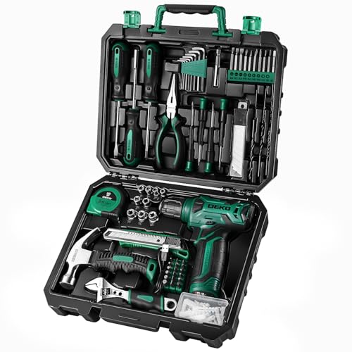 Tool Kit: 8V Cordless Drill, Home Toolbox with storage case, Hand Tool set for Home Repairs 126 Piece, Green - color: Green