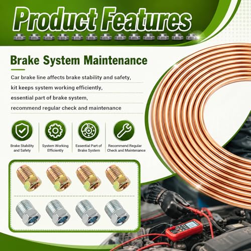 25Ft 5/16 Brake Line Kit with 16PCS Inverted Tube Nuts,Flexible 5/16 Copper Tubing Kit,Copper Coated Car Brakes Line Repair Kits for Hydraulic Fuel Transmission System