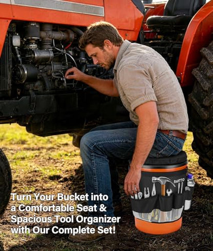PAHTTO 5 Gallon Bucket Seat,Tool Organizer Bag & Bucket Seat Lid | Silent 360° Swivel Bucket Chair, for Camping, Fishing, Gardening, Yard Work, Hunting(Bucket and Tools Not Included)