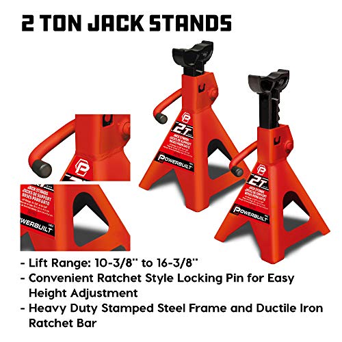 Powerbuilt 6 Piece Car Jack and Garage Creeper Service Set, 2 Ton Vehicle Lift, Jackstands, Folding Creeper, Wheel Chocks, Car Repair Garage Equipment - 640816, Large, Red - size: 6 Piece Combo