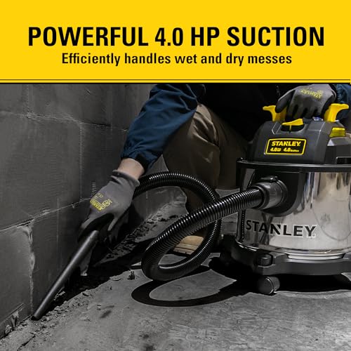 STANLEY 4 Gallon Wet Dry Vacuum, 4 Peak HP Stainless Steel 3 in 1 Shop Vacuum Blower with Powerful Suction, Vacuum for Job Site, Garage, Basement, Workshop, Top Handle, Portable Wet Dry Vac SL18301-4B - size: 4 Gallon, 4.0 HP