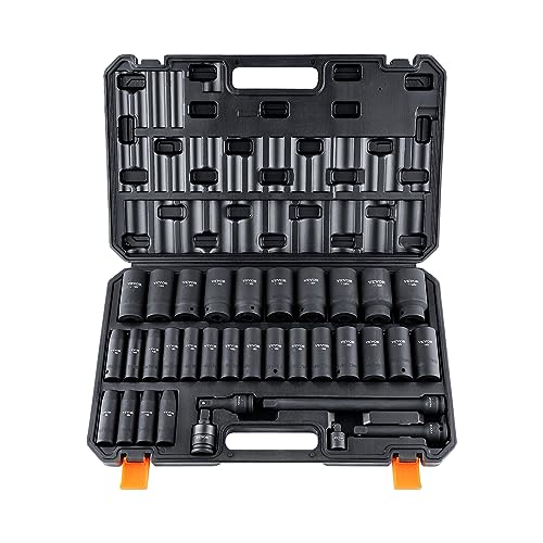VEVOR 1/2" Drive Impact Socket Set, 34 Piece Socket Set Metric 8-36mm, 6 Point Cr-MO Alloy Steel for Auto Repair, Easy-to-Read Size Markings, Rugged Construction, Includes Storage Case - style: 1/2" 34PCS CR-MO