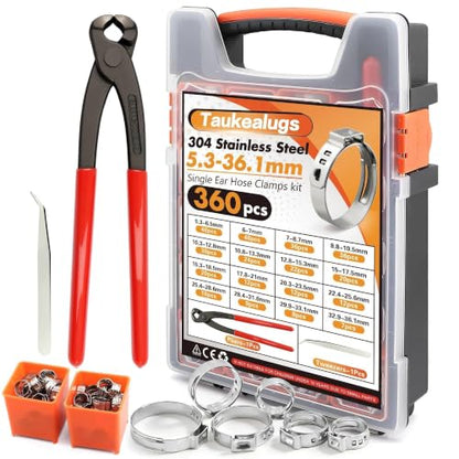 360Pcs Single Ear Hose Clamps Kit,Stepless 5.3-36.1mm 304 Stainless Steel Hose Repair Clamp Cinch Rings,Ear Clamp Pliers Tool with Portable Toolbox for Automotive Fuel Line Plumbing PEX DIY - size: 360PCS