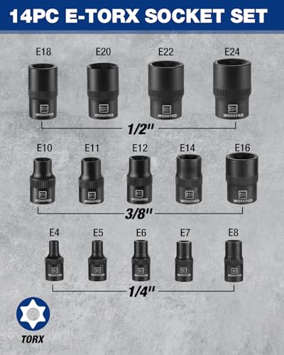 WORKPRO 17 PCS Female E-Torx Socket Set, E4-E24, CR-V Steel | 1/4",3/8",1/2" Drive, Inverted Torx, Storage Case, for Auto & Engine Repair