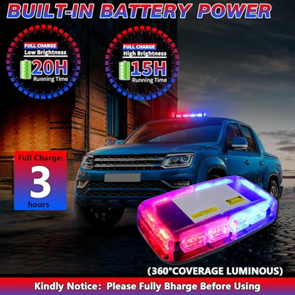 Rechargeable Red Blue Emergency Roof Top Strobe Light Wireless Battery, 48LED 17 Flashing Modes,High Low Brightness,Hazard Traffic Lights w/Magnetic Base, Remote Control for Construction Vehicles - color: Red Blue