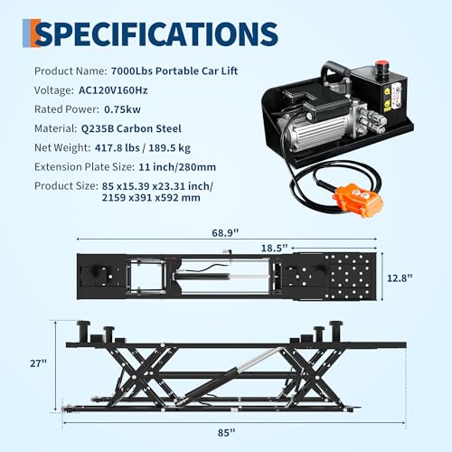 7000LBS Portable Car Lift for Trucks SUV Sedan, Heavy Duty Scissor Lift Jack with Safety Lock, Adjustable Height 6.26"-27", Hydraulic Vehicle Lifting System with Extension Plates - size: 7000 LBS-Black