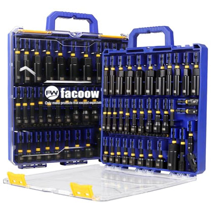 Facoow Magnetic Nut Driver Set 55PCS, SAE&Metric Impact Nut Driver Set with Socket Adapters, Deep Nut Drivers, Power Bit, Wing Nut Driver, Quick Release Extension, Poviting Nutsetter, Storage Box