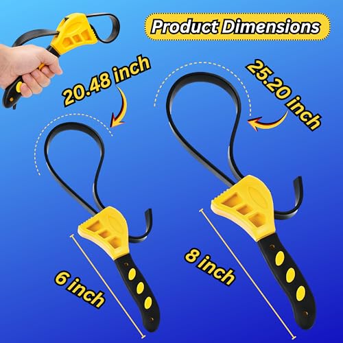 2-Pack Adjustable Rubber Strap Wrench Set, 8" & 6" – Heavy-Duty Non-Slip Oil Filter Wrench & Jar Opener for Plumbing, Water Filter, Shower Head, Sink, Faucet, Pipes & Automotive Use (Yellow)