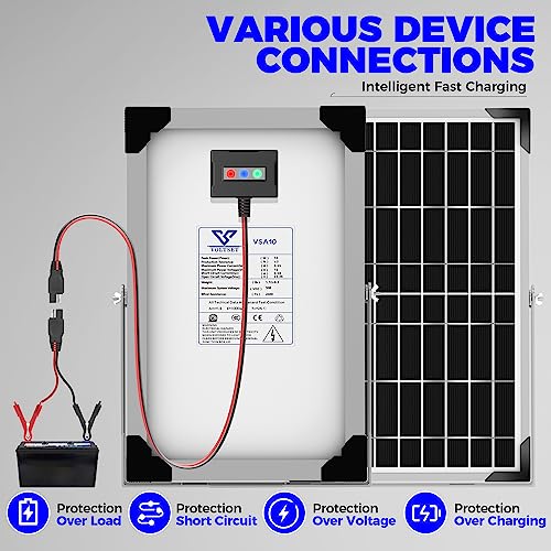 Voltset Solar Battery Trickle Charger: 10 Watt 12V Solar Panel Maintainer for Car Boat - Waterproof Monocrystalline Solar Charger with Controller for RV Marine Trailer Truck Motorcycle - size: 10W