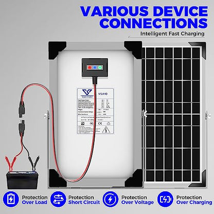 Voltset Solar Battery Trickle Charger: 10 Watt 12V Solar Panel Maintainer for Car Boat - Waterproof Monocrystalline Solar Charger with Controller for RV Marine Trailer Truck Motorcycle - size: 10W