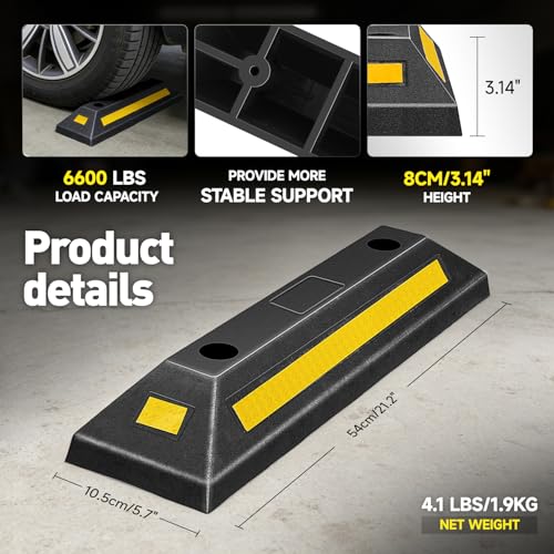 DNA Motoring 2 Pack 21" Parking Stopper for Garage, Heavy Duty Garage Parking Aid, Parking Gadgets Protects Car and Garage Walls, w/Reflective Yellow Tape Curb, 21" L x 5.7" W x 3.14" H, TOOLS-00826 - style: 3 side Reflective Strip