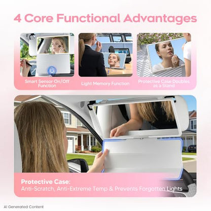 Upgraded Car Sun Visor Mirror Vanity as Gift for Women Men Makeup | Smart Sensor Switch, With protective Case, 3 LED Lighting Modes, 78 LED Beads, Rechargeable, Dimmable, 15-day Battery Life