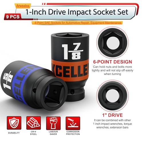 9 Pieces 1-Inch Drive Impact Socket Set, 1" to 2" Jumbo Socket, 6 Point SAE Sockets for Automotive Repair, Equipment Maintenance - size: 1 Inch SAE Axle