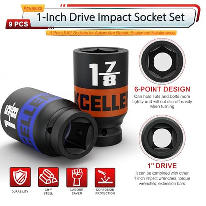 9 Pieces 1-Inch Drive Impact Socket Set, 1" to 2" Jumbo Socket, 6 Point SAE Sockets for Automotive Repair, Equipment Maintenance - size: 1 Inch SAE Axle