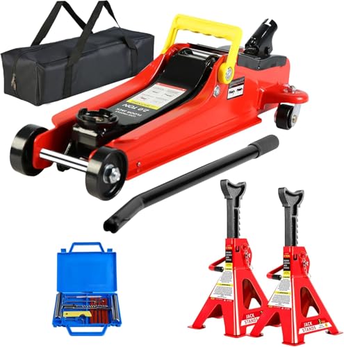 4 Piece Car Truck Floor Jacks Service, Floor Jack & Jack Stands & Tire Repair Kit for Garage Automotive Repair Shop DIY, Lift Range 3.3"-15.2", Car Trolley Jacks 2 Ton/4000 LBS Capacity, Red - color: Red Floor Jack+2 Jack Stands+Tire Repair Kit