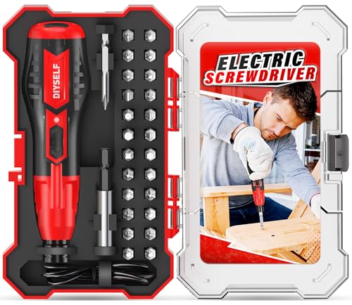 DIYSELF Electric Screwdriver, Cordless Power Screwdriver Set, 28-Piece, Red | USB Rechargeable, Includes 25 Bits, LED Work Light and Storage Case for Furniture Assembly and Home Repairs, Gift for Men - color: Red