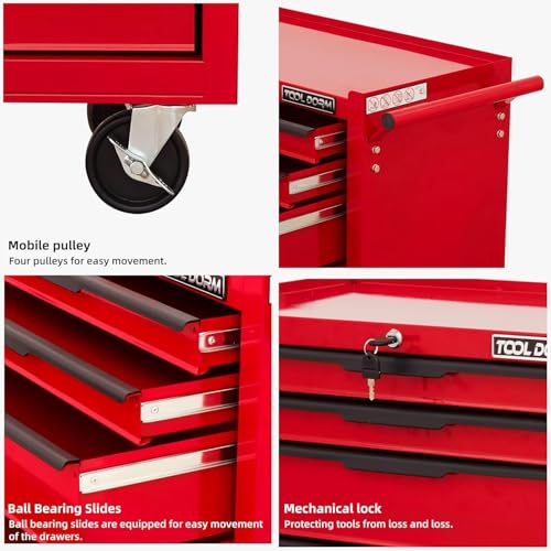 7-Drawer Rolling Tool Chest with Locking Wheels & Drawers, 13" D x 24.2" W x 34.6" H Mobile Tool Storage Cabinet, Heavy-Duty Garage Organizer w/Ergonomic Handle - color: Red