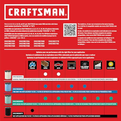 CRAFTSMAN CMXZVBE38779 Genuine 5-20 Gal. General and Wet Debris Vac Filters - size: 2-Pack, style: General Purpose and Wet Application