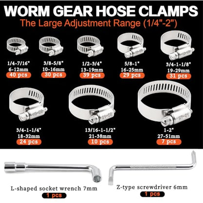 210Pcs Stainless Steel Hose Clamps Assortment Kit 1/4"to 2"(6-51mm) Adjustable Worm Gear Hose Clamps, Small Heavy Duty Hose Clamps for Automotive/Garden/Water Pipe/Sprinkler Line/Fuel Line - size: 210pcs