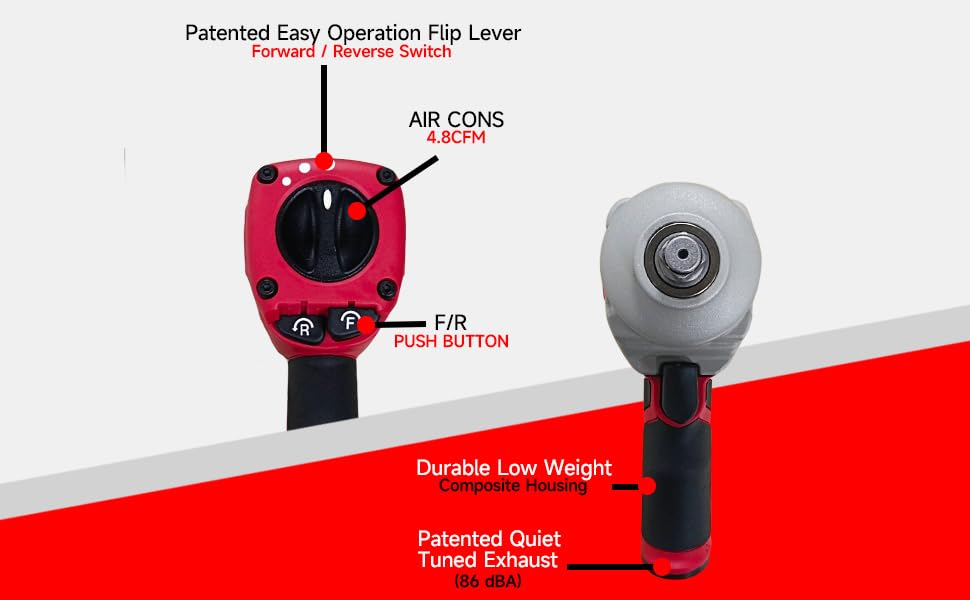 1/2" Composite Air Impact Wrench, One-Handed Push Button F/R Control, 830 ft-lbs Max Torque, Lightweight Pneumatic Gun for Tire Change & Auto Repair