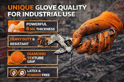AroCare 8 Mil Orange Nitrile Gloves,3D Raised Diamond Texture-Latex & Powder Free-Industrial, Mechanic - size: Large, style: Box of 100