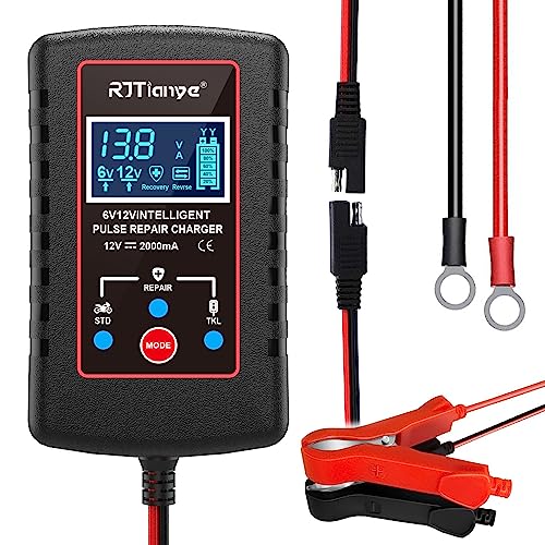 Upgraded 2Amp Car Battery Trickle Charger 6V/12V Smart Fully Automatic 3 Mode Battery Charger Maintainer, Battery Desulfator for Lawn Mower, Motorcycle, Car, Boat, Marine Lead Acid Batteries