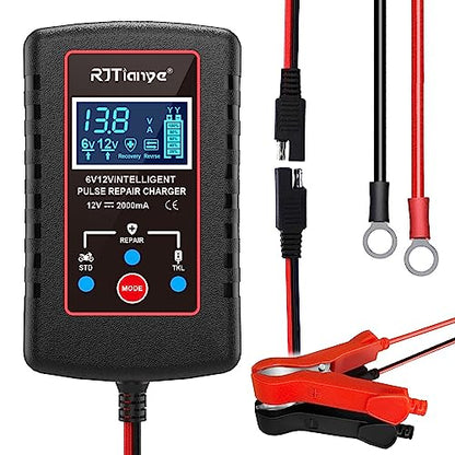 Upgraded 2Amp Car Battery Trickle Charger 6V/12V Smart Fully Automatic 3 Mode Battery Charger Maintainer, Battery Desulfator for Lawn Mower, Motorcycle, Car, Boat, Marine Lead Acid Batteries