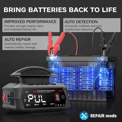 45 Amp Battery Charger, 6V/12V/24V Lithium LiFePO4 Lead Acid Smart Car Battery Charger, Automotive Maintainer Trickle Charger for Car, SUV, Motorcycle, Boat, Lawn Mower