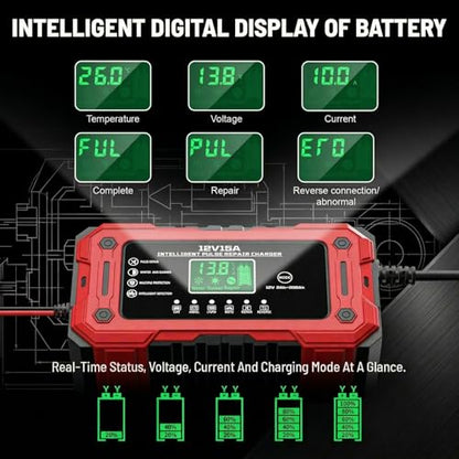 Car Battery Charger 12V 15A Smart Trickle Charger Fully Automatic | Battery Maintainer with Temperature Compensation LCD Display 8-Layer Protection for Car Truck Motorcycle Lawn Mower Boat - color: Red