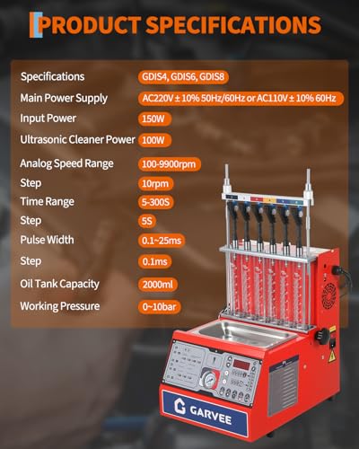 Garvee Fuel Injector Cleaner Tester 6-Cylinder 11 Test Modes 12V, Ultrasonic Injection Cleaning Machine with Adjustable Pressure (0-10 bar) & Pulse Width (0.1-25ms), Resistance Test, Digital Display - size: 6-Cylinder Model， 1-in-1