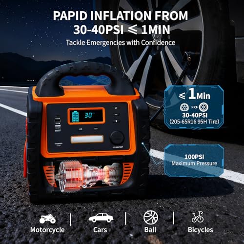 2400A Car Battery Jump Starter and Portable Power Station – Starts 8.0L Gas & 8.0L Diesel – 6-in-1 Jump Starter with Air Compressor 100 PSI Tire Inflator – 400 Watt Inverter AC/DC/USB Outlets - style: Orange