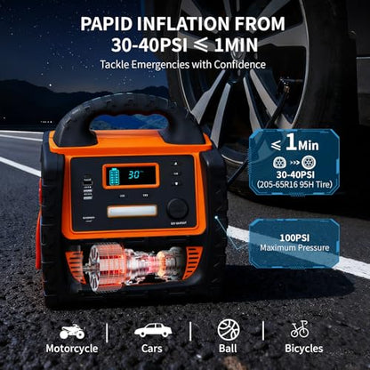 2400A Car Battery Jump Starter and Portable Power Station – Starts 8.0L Gas & 8.0L Diesel – 6-in-1 Jump Starter with Air Compressor 100 PSI Tire Inflator – 400 Watt Inverter AC/DC/USB Outlets - style: Orange