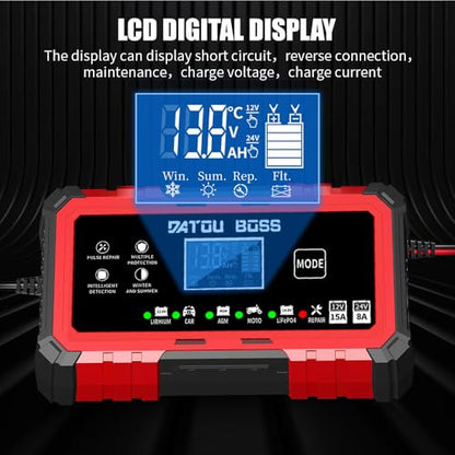 DATOUBOSS 12V 15A 24V 8A Battery Charger Automotive, Smart Portable Car Battery Charger Maintainer with Pulse Repair, Trickle Charger for LiFePO4 Lithium AGM Gel Lead-Acid Marine Boat RV Truck