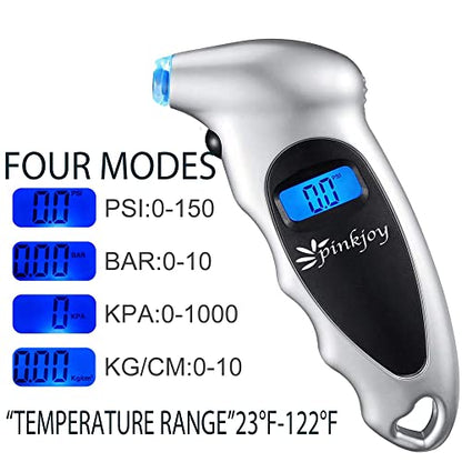 PINKJOY Digital Tire Pressure Gauge 4 Pack 150 PSI, 4 Settings, Tire Gauge for Car, Truck, Motorcycle, Bicycle with Backlit LCD and Non-Slip Grip (Silver) - color: Silver 4 Pack