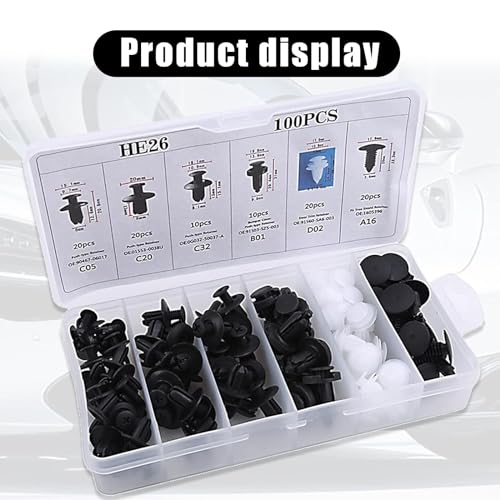 gunhunt 100 PCS Car Bumper Bolt Fastener Set, 6 Types of Door Panel Push Retainer Replacement HE26 with 6" Removal Tool, Bumper Push Retainer Clip Rivet Kit, Universal for Most Cars (White & Black)