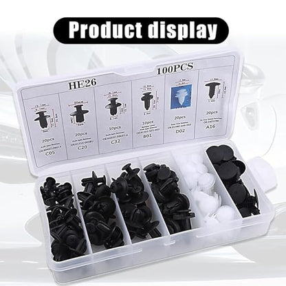 gunhunt 100 PCS Car Bumper Bolt Fastener Set, 6 Types of Door Panel Push Retainer Replacement HE26 with 6" Removal Tool, Bumper Push Retainer Clip Rivet Kit, Universal for Most Cars (White & Black)