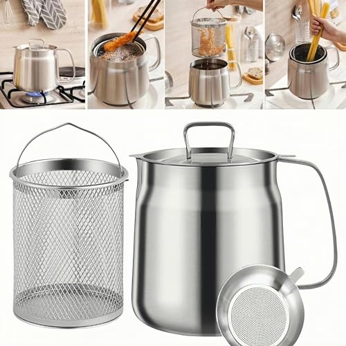 50oz 304 Stainless Steel Deep Fryer Pot with Basket & Strainer, Large Capacity Bacon Grease Container for Kitchen,Frying, Cooking, Camping,Oil Filter Container - Dishwasher Safe (50oz/1.5L/1.7Qt) - size: 1.6 Quarts
