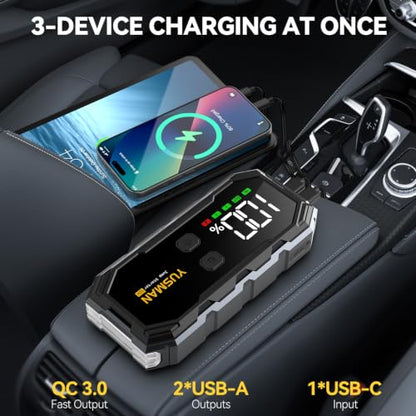 YUSMAN Car Jump Starter, 8000A 12V Jump Battery Pack (All Gas/10.0L Diesel), Portable Jump Starter with Display, Car Jump Starter with Extended Smart Cables, Quick Charge 3.0, LED Light