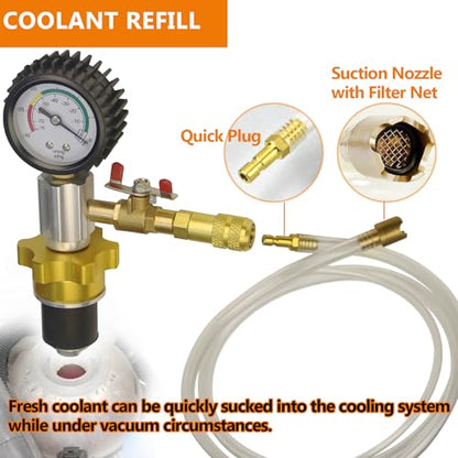 Auto Coolant Vacuum Kit Cooling System Vacuum Radiator Kit Refill & Purging Tool Radiator Coolant Refill Tool Kit Pneumatic Vacuum Antifreeze Change Filler Set for Car Van SUV Truck