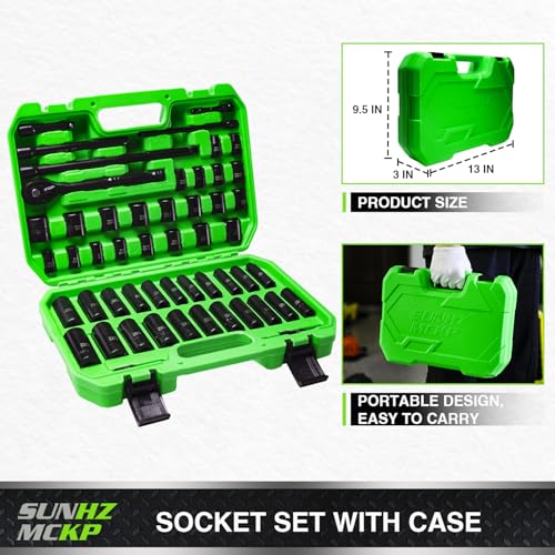 SUNHZMCKP 3/8" Drive Impact Socket Set, 52 Pcs Standard SAE (5/16-3/4 inch) and Metric (8-22mm) Shallow & Deep 6 Point Sockets, 3/8-In Ratchet Handle, Extension Bars, Adapters, Universal Joint, CR-V - size: 52-Pc 3/8" Drive Impact Socket Set