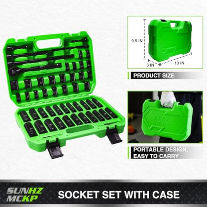 SUNHZMCKP 3/8" Drive Impact Socket Set, 52 Pcs Standard SAE (5/16-3/4 inch) and Metric (8-22mm) Shallow & Deep 6 Point Sockets, 3/8-In Ratchet Handle, Extension Bars, Adapters, Universal Joint, CR-V - size: 52-Pc 3/8" Drive Impact Socket Set