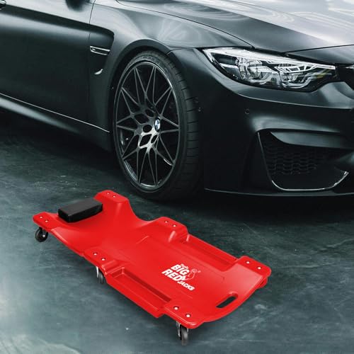 Big RED Torin Blow Molded Plastic Rolling Garage/Shop Creeper: 40" Mechanic Cart with Padded Headrest, Dual Tool Trays and 6 Casters, Red - style: Plastic Creeper
