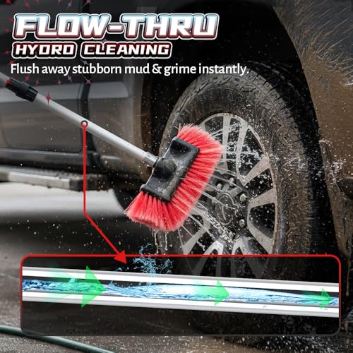65" Car Wash Brush with Long Handle, Red Exterior Car Cleaning Brush with Hose Attachment, Soft Bristle Scrub Brush for Truck, RV, Camper Roof & Solar Panel, Extendable Aluminum Pole (Red) - color: Red