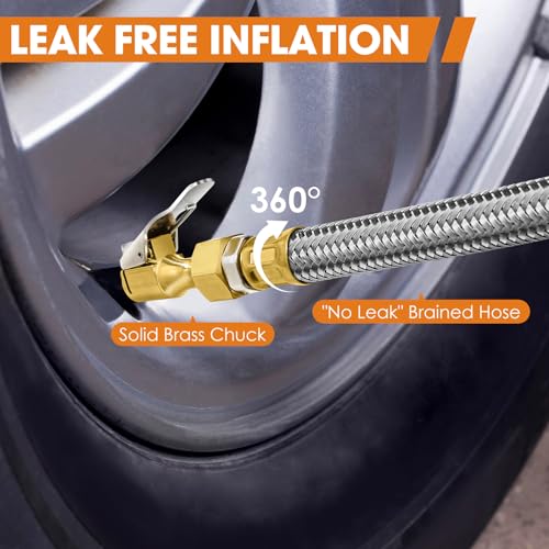 Digital Tire Pressure Gauge with Inflator, 250 PSI Heavy Duty Air Chuck Air Compressor Attachments, Improved Leaks Protection & Stainless Braided Hose Tire Gauge, 0.1 Display Resolution - color: Standard
