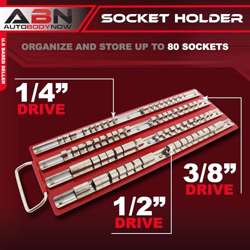 ABN Large SAE Standard Socket Holder Tray Rack Rails – 1/4, 3/8, 1/2 Inch Drive 80-Piece Clips for Tool Organization